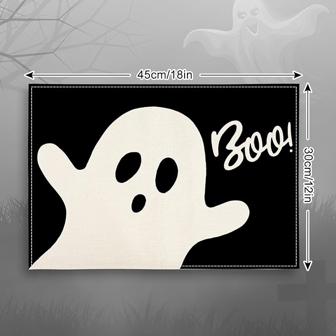 Halloween Ghost Placemats Black Cute Ghost Boo Table Mats 12 x 18 Inch Trick or Treat Kitchen Place Mats for Party Home Dining Table Decoration, Set of 4