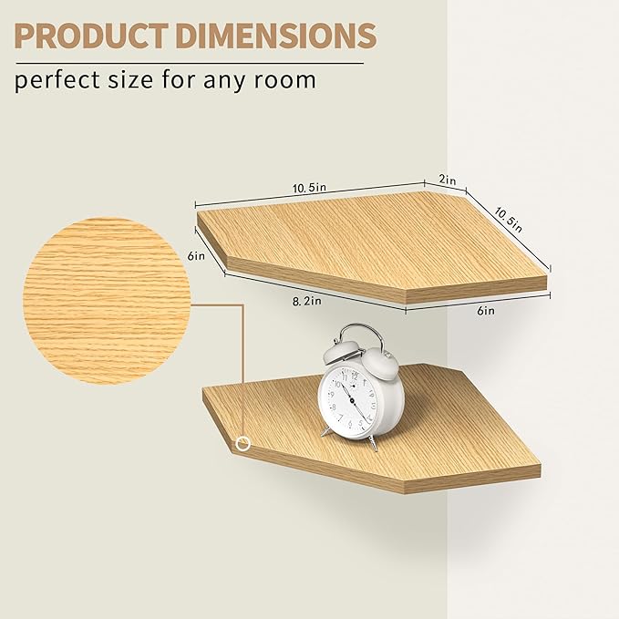 Corner Shelf Wall Mount, Floating Corner Shelves, Set of 2 Corner Wall Shelf Organizer, Rustic Wood Wall Storage Display Shelves for Living Room Bedroom Bathroom Kitchen, Rustic Brown, Oak