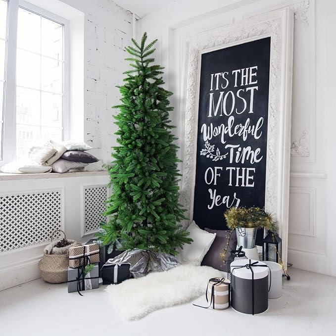 Fraser Hill Farm 9-Feet Unlit Carmel Pine Slim Green Artificial Christmas Tree, Realistic Foliage, Foldable for Easy Storage, Stand Included, Holiday Decor for Home, Office