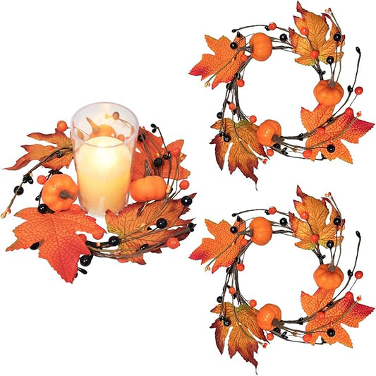 3pcs Fall Candle Rings Wreaths Autumn Maple Leaves Pumpkins Berries Candle Holder Rings Mini Wreaths Decorations for Tables Centerpieces Halloween Thanksgiving Harvest Christmas Home Kitchen Decor