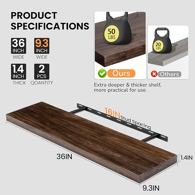 Fun Memories Floating Shelves for Wall, 36"x9.3" Rustic Solid Elm Wood Shelves, Heavy-Duty Wall Mounted Shelves with Invisible Brackets, Set of 2 for Living Room, Bedroom, Kitchen, Walnut Finish