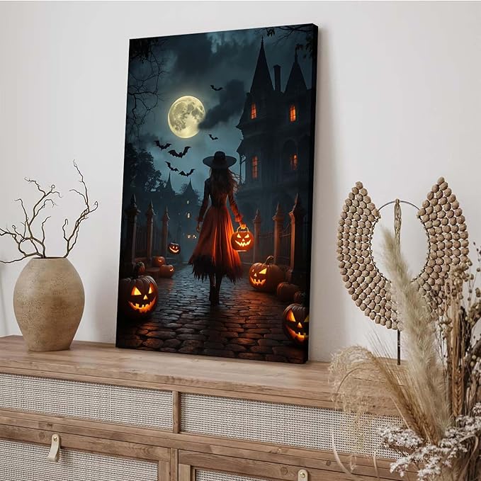 Halloween theme poster moonlit autumn night witch vintage poster art print dark college style gothic painting canvas wall decoration bedroom living room ideal gift28x40in Wood Framed