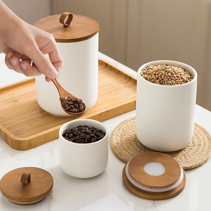 White Ceramic Canister Set with Wooden Lid, 3-Piece Food Storage Jars for Kitchen Counter, Storage Container for Coffee, Tea, Spice, Sugar, Grains, Salt