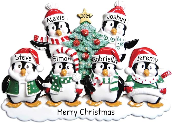 3D Penguin Family of 6 Ornament 2025 Personalized Family Christmas Ornaments 2025 | Snowy Xmas Tree Holiday Penguins Personalized Tree Ornaments for Grandchildren Siblings & Grandkids of Six Ornament