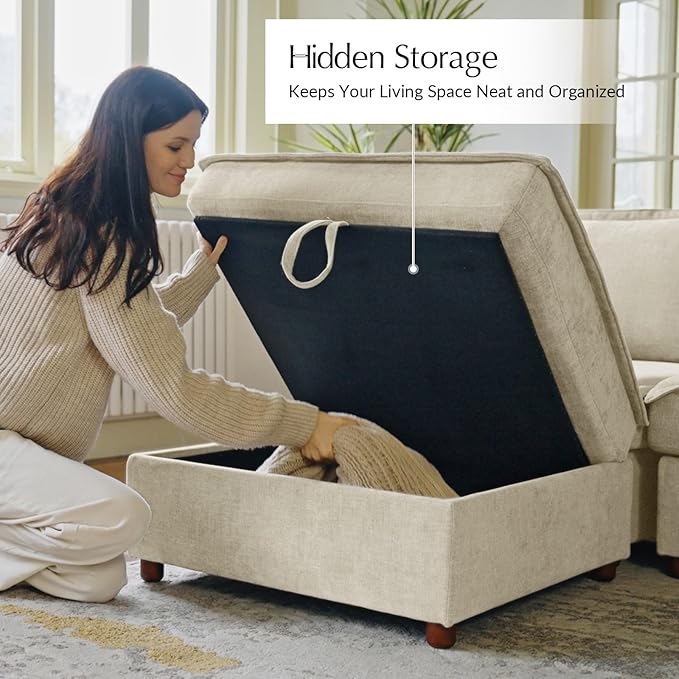 HULALA HOME 88" Loveseat Sofa with USB Port and Console, Oversized 2 Seater Sofa with Storage Ottoman, Comfy Upholstered Loveseat Couch for Living Room Bedroom, FSC Certified, Beige