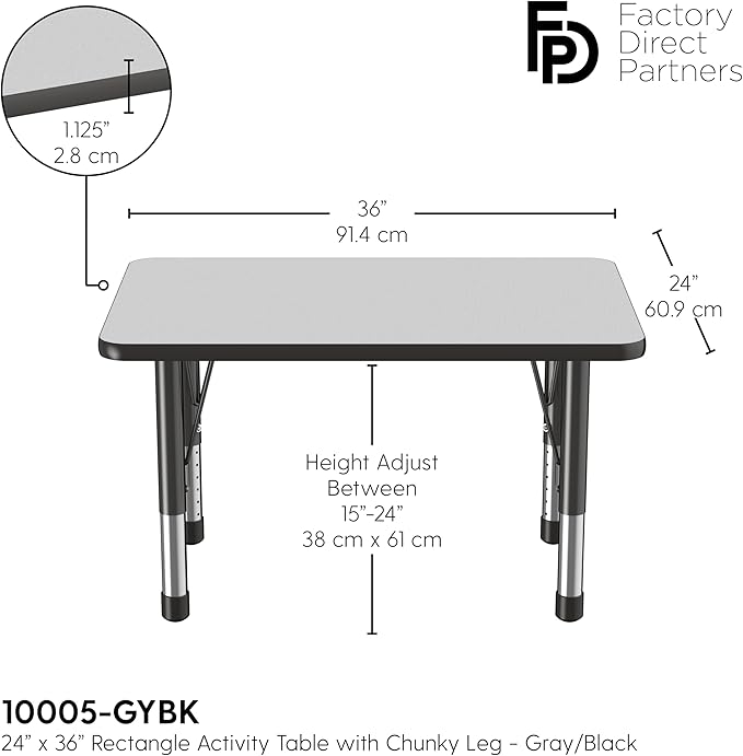 FDP Rectangle Activity School and Classroom Kids Table (24 x 36 inch), Chunky Toddler Leg, Adjustable Height 15-24 inches - Gray Top and Black Edge