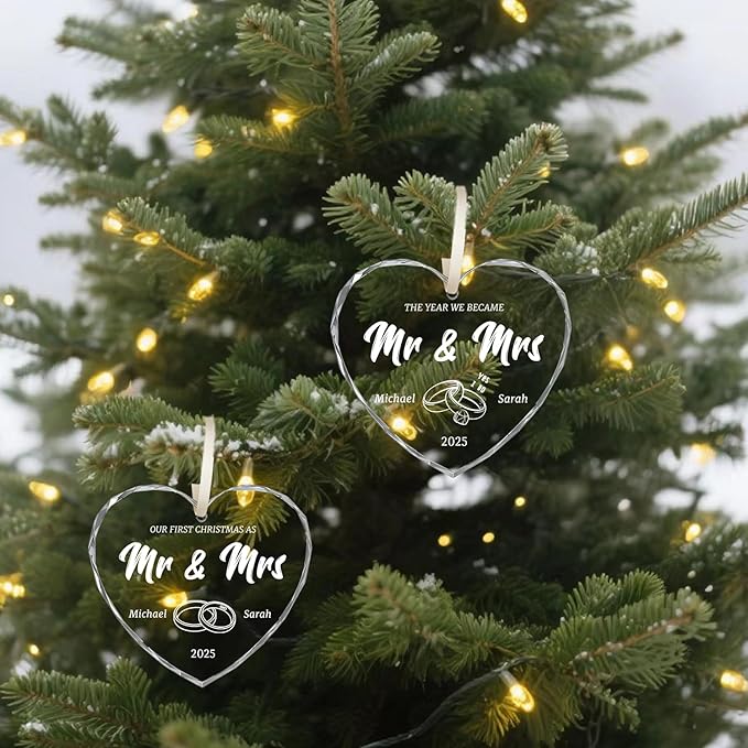First Christmas Married Ornament 2025, Custom Wedding Crystal Glass Ornament with Photo, Name or Date, Personalized Wedding or Bridal Shower Gifts for Newlyweds