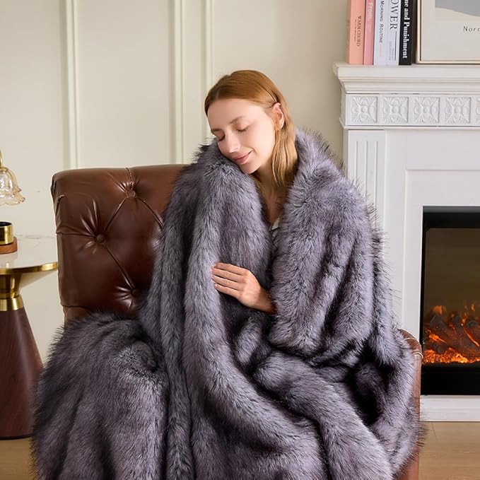 Fluffy Faux Fur Throw Blanket – Super Soft Warm Thick Plush Blanket for Bed, Couch & Office, Cozy Fuzzy Throw with Flannel Backing,60"x80", Grey
