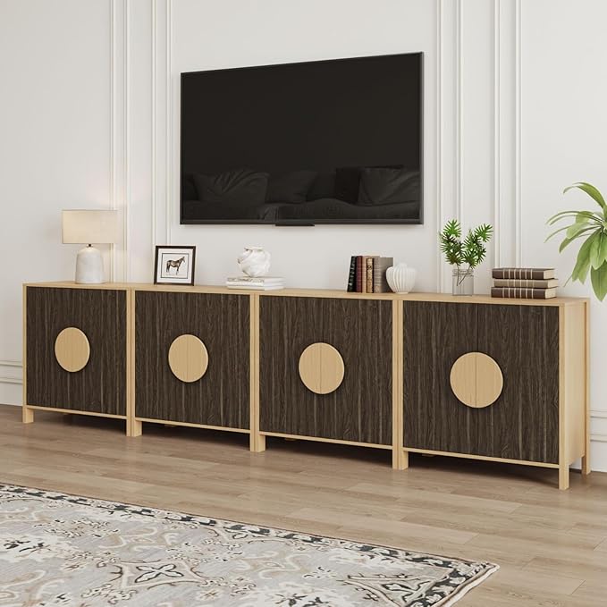 Set of 2 TV Stands with Storage, 65 Inch Symmetrical Arc Accent Sideboard Large Console Table with Adjustable Shelves, Mid Century Modern TV Stand for Living Room, Dining Room