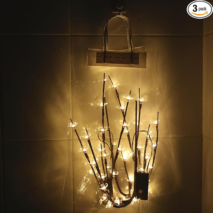 3Pack Battery Lighted Cherry Blossom Branches Lights with Clear Plastic Bag for Hanging Decor, 27.5inch 60 LED Flower Lamp Twig Sticks for Vase Filler of Home Christmas Valentines Day Decoration