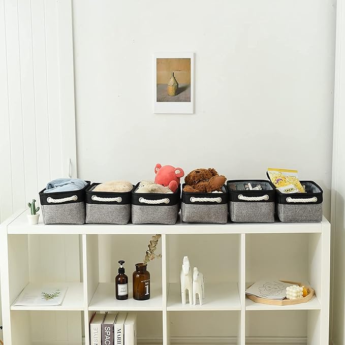 TheWarmHome Storage Basket for Organizing - 12x8x5.2 inch Small 6 Pack Collapsible Storage Bin for Shelves with Rope, Fabric Storage Cubes for Cloth Gift Toy Decorative Organizer (Black & Grey)
