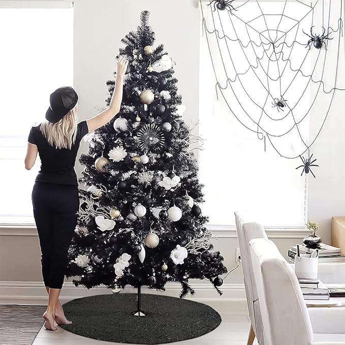 Glitter Black Tree Skirt 24 Inches Sequin Fabric Xmas Small Tree Skirt Tabletop Tree Christmas Halloween Party Ornaments