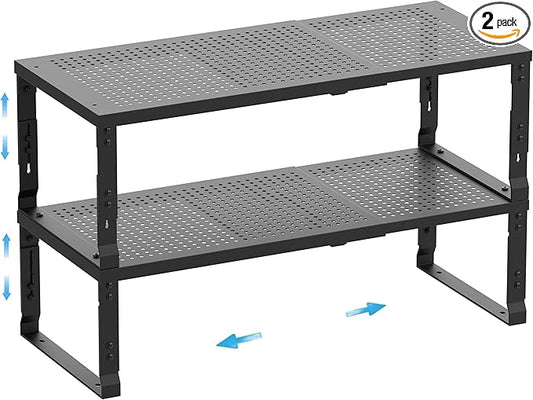 Expandable Spice Rack,Stackable Storage for Cabinet, Multi-Functional Kitchen Shelving,Height-Adjustable,Sustainable Organizer Solution(2Packs/Black/Medium)