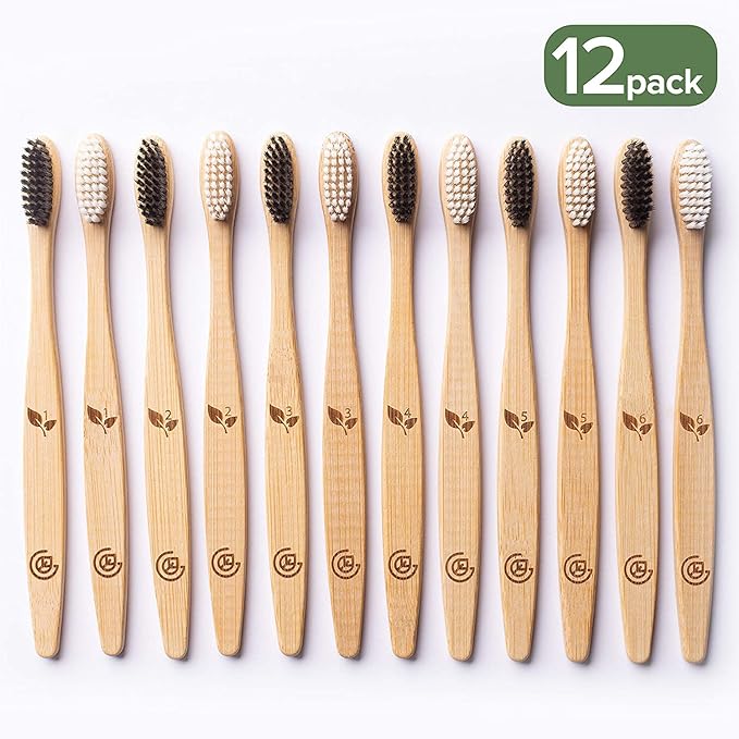 Greenzla Bamboo Toothbrushes for Adults – 12 Pack Wooden Toothbrush Set with Charcoal-Infused Soft Bristles, Natural Oral Care for Daily Use