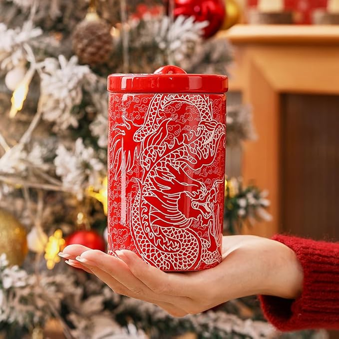 Porlien Chinese Dragon Porcelain 15-ounce Canisters Set of 2, Food Storage Containers with Lid for Coffee Beans, Tea, Condiments & Nuts