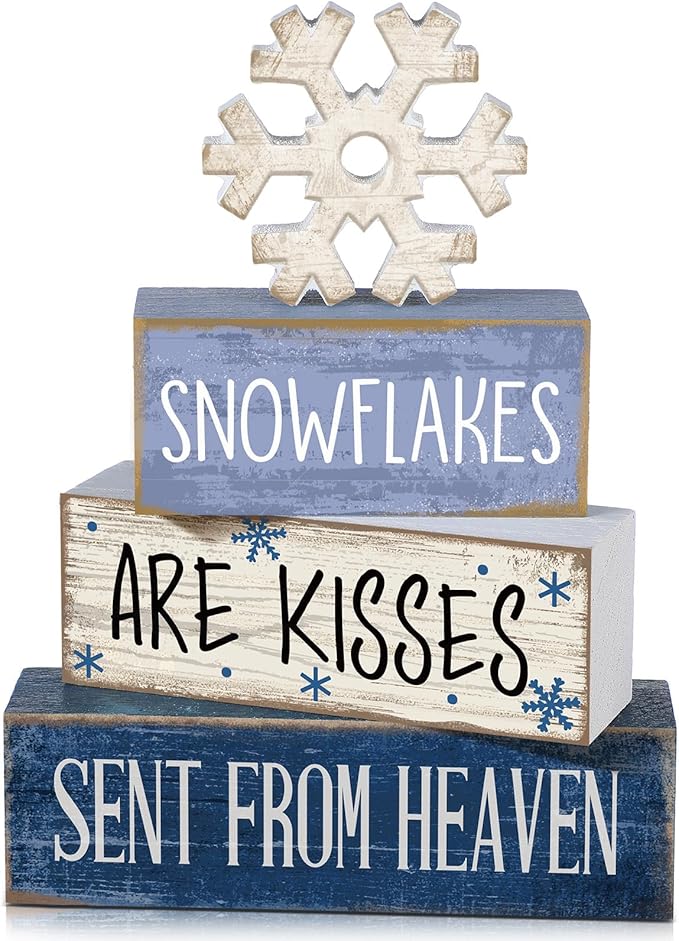 4 Pcs Christmas Table Decorations Wooden Snowflake Decor Winter Tiered Tray Decor Rustic Snow Block Signs Gift Farmhouse Christmas Centerpiece for Winter Wonderland Party Kitchen Home