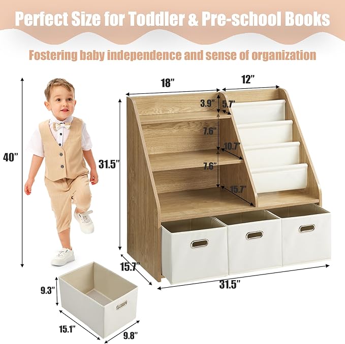 Kids Bookshelf and Toy Storage Organizer, Montessori Nursery Book Shelves with 3 Tier Sling Rack & Fabric Toy Bins, Children Toddler Baby Bookshelf, Wooden Toy Shelf for Kids Room Playroom
