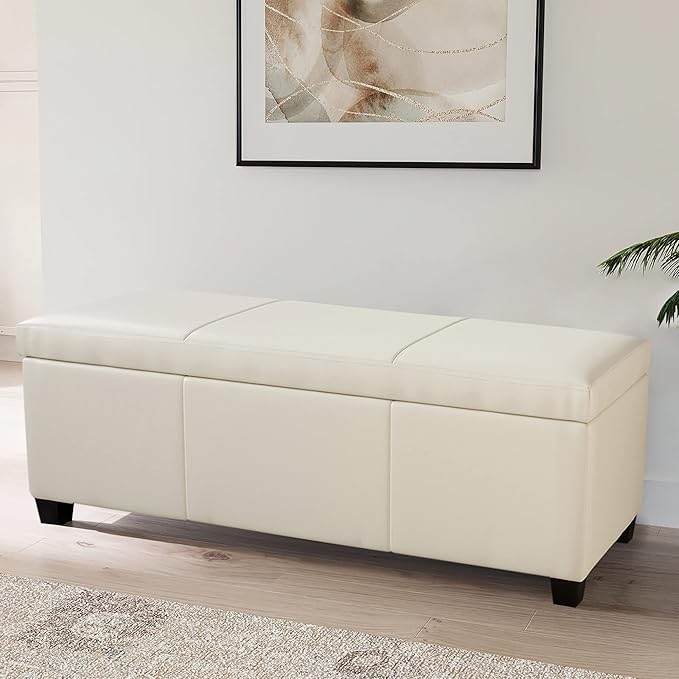 BELLEZE 47 Inch Storage Ottoman, Faux Leather Storage Bench Bedroom Bench with Safety Close Hinge, Ottoman with Storage for Living Room, Entryway, Hallway, Foot Rest, Support 300lbs - Cream