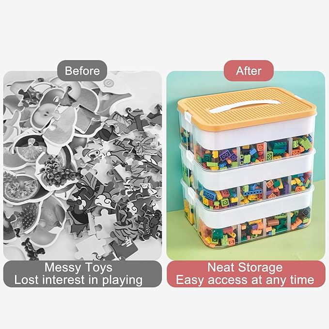 Toys Organizer Storage Case for Lego Box Kids Toy Stackable Building Blocks with Lids Bins Adjustable Lego Storage Containers Plastic Toy Box 2 Layer (Lemon)