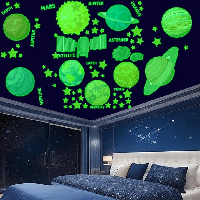 Glow in The Dark Stickers, 103 PCS Solar System Glow Stars Ceiling Stickers Galaxy Space Planets Wall Decals for Kids Boys Girls Bedroom Nursery Playroom Party Room Decor
