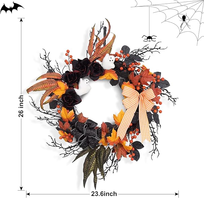 Adeeing 26 Inch Halloween Wreaths for Front Door, Halloween Decorations Ghost Wreath with Feathers Artificial Black Rose and Ribbon for Indoor Outdoor Home Party Decor
