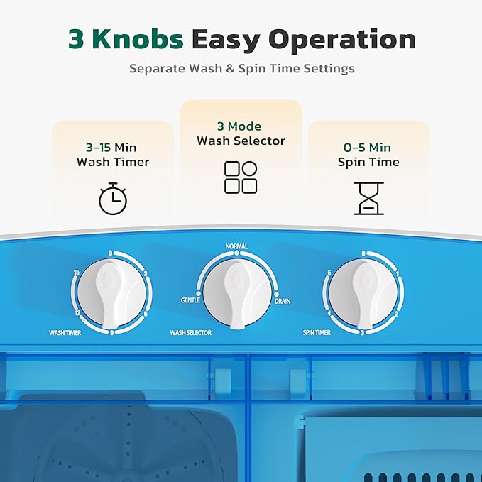 Greenvelly Portable Washing Machine, 16 Lbs Compact Mini Washer and Dryer Combo, Semi-automatic Twin Tub Washer with Drain Pump for Dorms, Apartments, RVs (Blue)