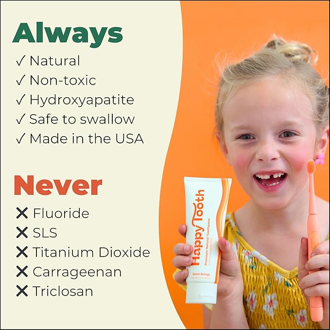Happy Tooth Hydroxyapatite Toothpaste, Fluoride Free, Natural Whitening for Kids, Toddlers and Adults, SLS Free, Enamel Safe, Dentist Formulated with Clean Ingredients, Sweet Orange Flavor, 3.4oz