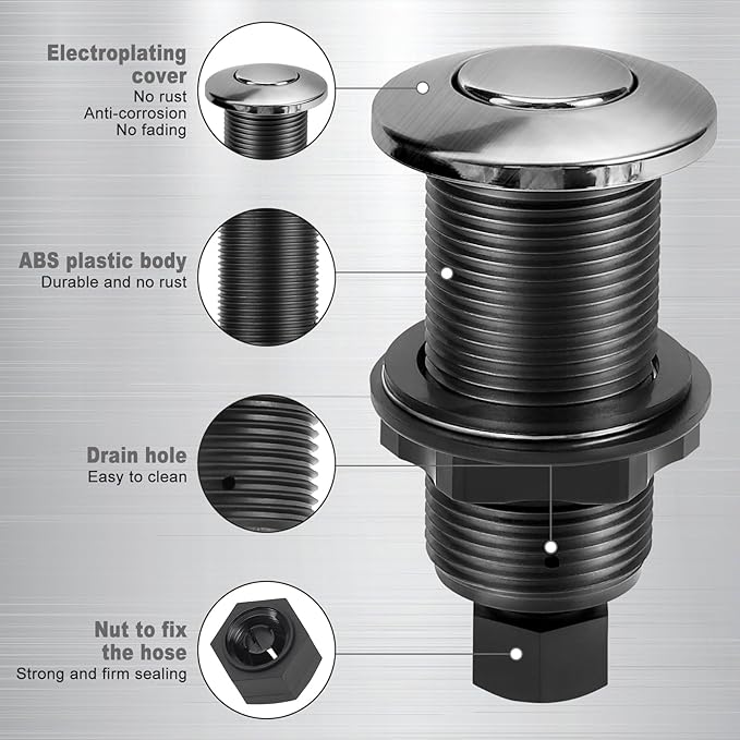 Garbage Disposal Air Switch Kit, Garbage Disposal Button, Sink Top Waste Disposer On/Off Switch, UL Listed Air Switch Compatible with All Garbage Disposals (Brushed Stainless Steel）