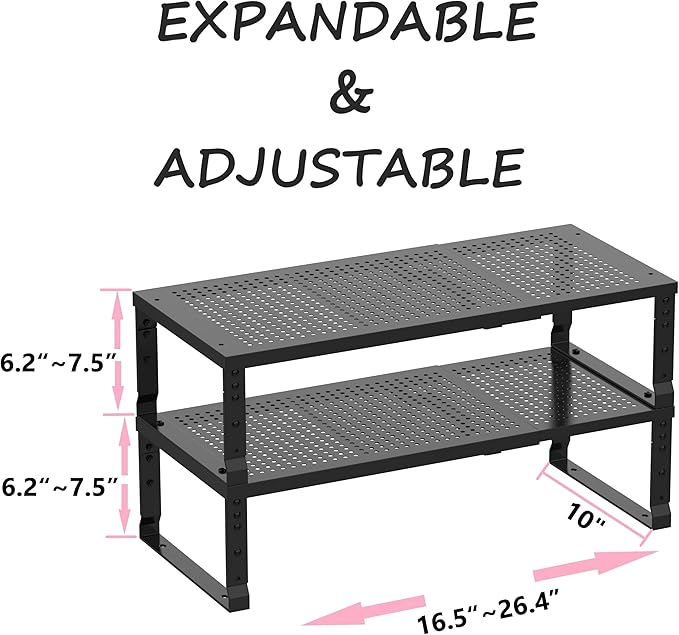 Metal Stackable Expandable Storage Shelf - Multi-Functional Home Storage Shelf, Suitable for Kitchen, Cabinet，Bathroom, Office, Garage, etc.（2PACKS/Black/Large
