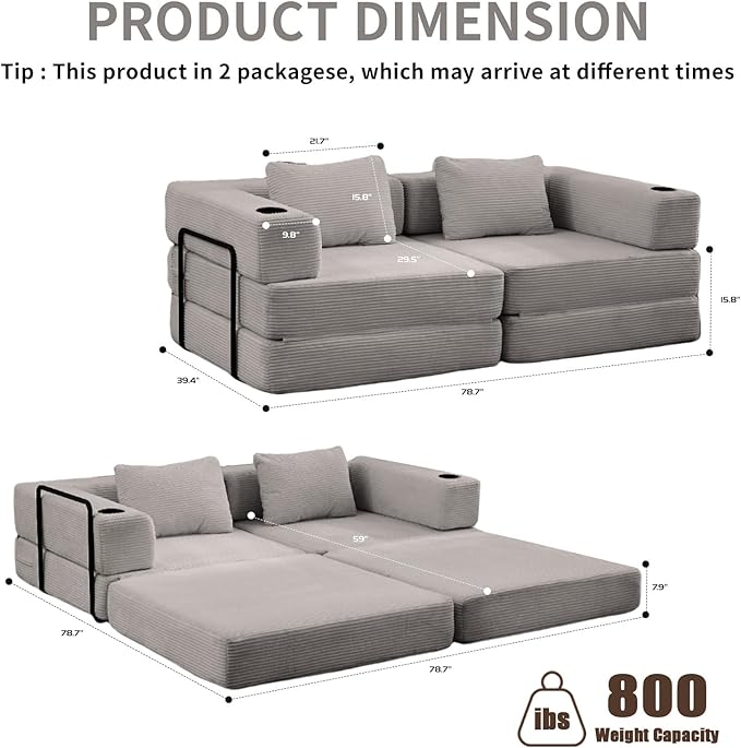 78" W Loveseat Sofa, 4 in 1 Convertible Floor Sofa Bed, Boneless Cloud Couch with Cup Holder, Fold Out Floor Couch, Loveseat Recliner Sleeper for Living Room Bedroom Lounge(Corduroy, White)