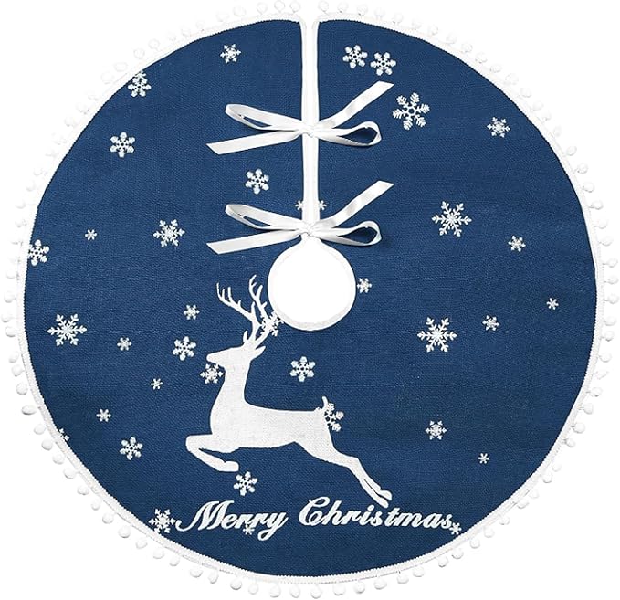 48 Inch Christmas Tree Skirt, Burlap Blue Christmas Rustic Tree Skirt with Elk Deer and White Snowflake Printed for Holiday Party Xmas Tree Decoration