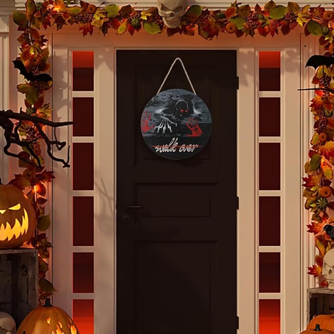 Halloween Wooden Round Hanging Sign Decoration Horror Skeleton Outdoor Wooden Plaques Yard Front Door Hanger Home Wall Decor for Halloween Wreath Party Supplies Decor