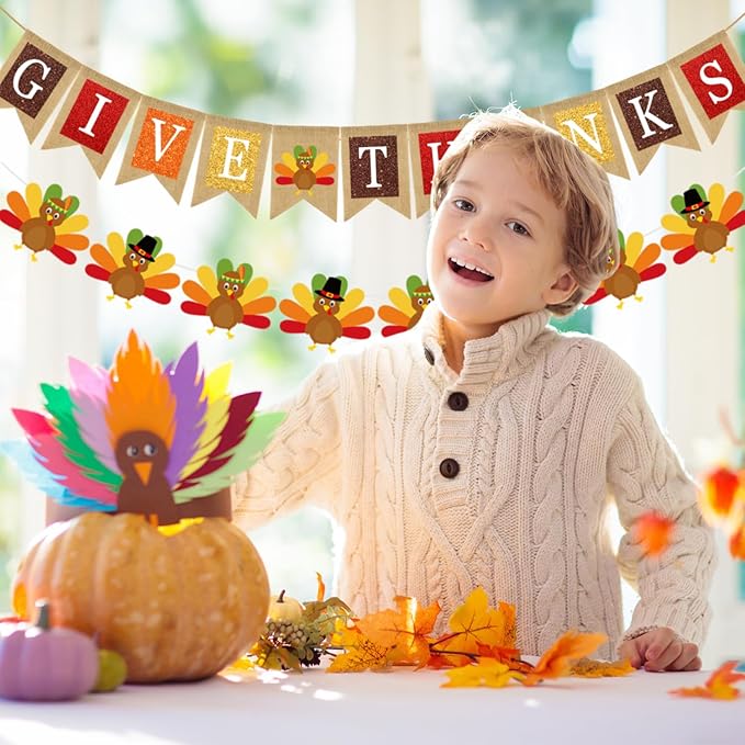 Doumeny 2Pcs Give Thanks Burlap Banner Turkey Paper Hanging Banner Thankful Bunting Garland with Turkey Thanksgiving Fall Party Garland Autumn Harvest Bunting Flag for Mantel Fireplace Farmhouse Decor
