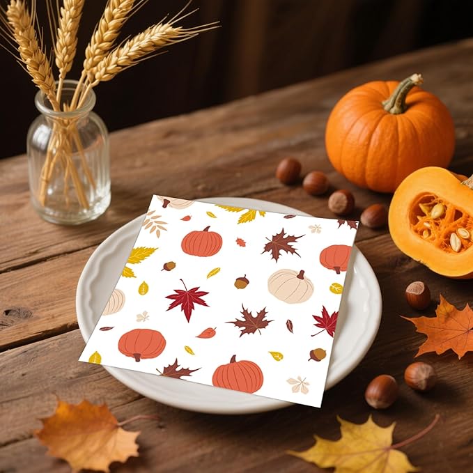 50 Pcs Fall Napkins 5 x 5 inch, 3 Ply Pumpkin Maple Leaves Paper Napkins Disposable Holiday Cocktail Napkins for Dinner Bathroom Autumn Thanksgiving Party Decorations (Fall)