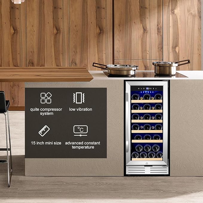 15 Inch Wine Fridge 32 Bottles Wine Cooler Refrigerator Undercounter Wine Fridge with Glass Door, LED Light, Removable Wooden Shelves, Built-in or Freestanding Wine Refrigerator for Home Office Bar