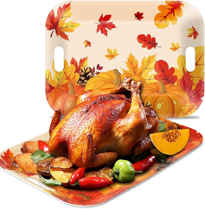 gisgfim 2Pcs Thanksgiving Day Fall Serving Tray 16.1 X 11.1 Inch Large Melamine Trays Platters with Handles Fall Pumpkin Leaves Food Trays Turkey Serving Dishes Snacks Dessert Plates Party Decorations