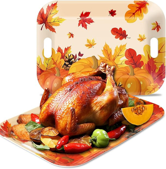 gisgfim 2Pcs Thanksgiving Day Fall Serving Tray 16.1 X 11.1 Inch Large Melamine Trays Platters with Handles Fall Pumpkin Leaves Food Trays Turkey Serving Dishes Snacks Dessert Plates Party Decorations
