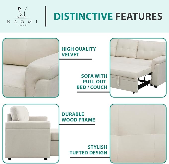 Naomi Home L-Shaped Reversible Sectional Sofa with Pull-Out Sleeper Bed and Storage Chaise, Cream Velvet