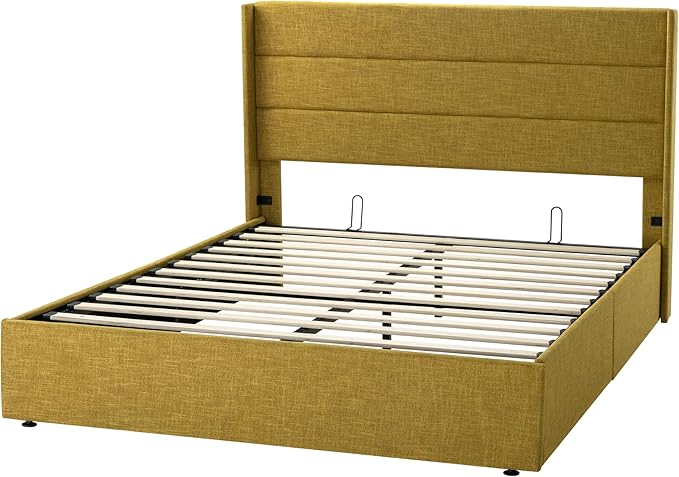 Allewie Queen Size Lift Up Storage Bed, Modern Wingback Headboard, Hydraulic Support, No Box Spring Needed, Olive Yellow