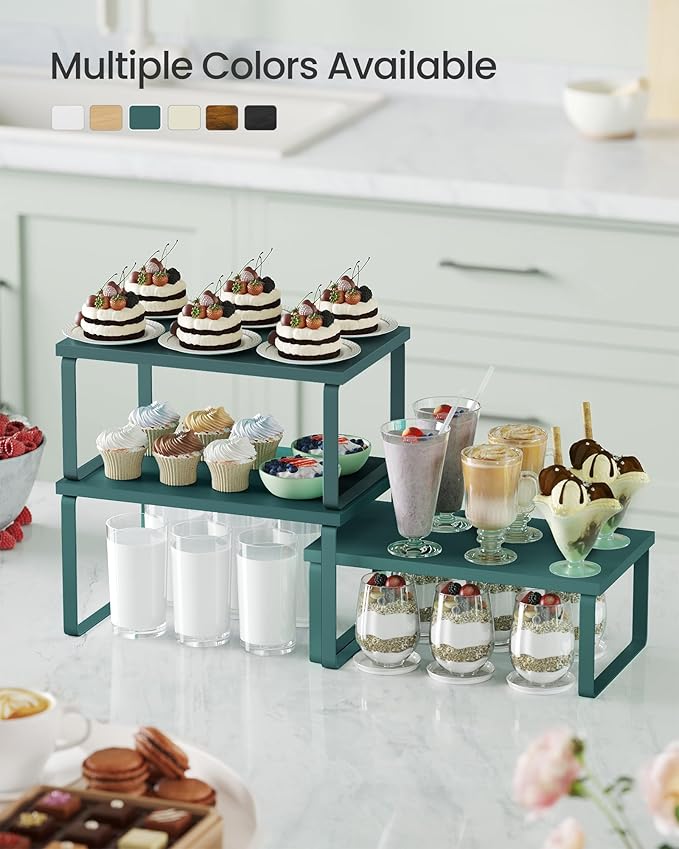 SONGMICS Cabinet Organizer Shelf, Set of 3 Kitchen Counter Shelves, Kitchen Storage, Spice Rack, Stackable, Expandable, Cascade Green UKCS220C01V1