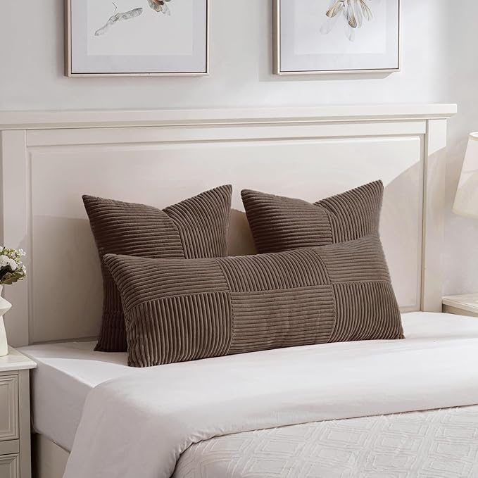 Fancy Homi 2 Packs Dark Brown Decorative Throw Pillow Covers 18x18 Inch for Living Room Couch Bed Sofa, Rustic Farmhouse Boho Home Decor, Soft Corss Corduroy Patchwork Textured Cushion Case 45x45 cm