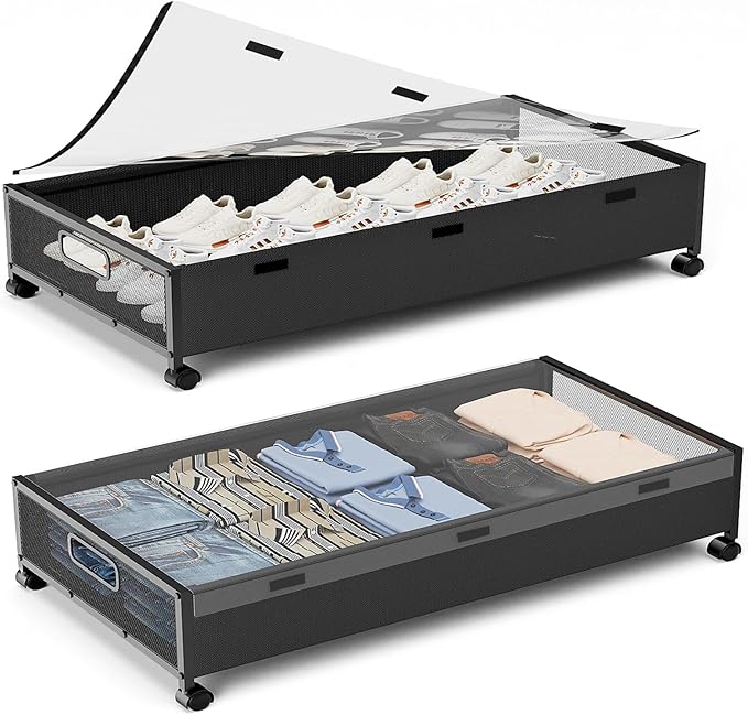 Under Bed Storage Containers with Wheels, 80L Extra-large Underbed Shoe Storage Organizer 2 Pack with Removable Lids, Large Rolling Under Bed Storage Dresser Drawers for Clothes Shoes Blankets