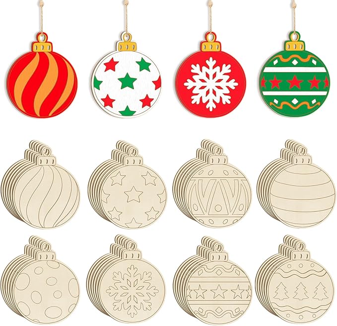 80PCS Wooden Christmas Ornaments to Paint, 8 Styles DIY Blank Unfinished Wood Christmas Ball Christmas Decoration Cutouts Ornament for Crafts Winter Hanging Decorations