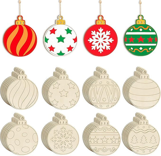 80PCS Wooden Christmas Ornaments to Paint, 8 Styles DIY Blank Unfinished Wood Christmas Ball Christmas Decoration Cutouts Ornament for Crafts Winter Hanging Decorations