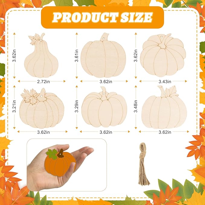 24 PCS Unfinished Wooden Fall Crafts, Pumpkin Shaped Hanging Ornaments DIY Wood Craft Cutouts for Fall Home Decor (Pumpkin)