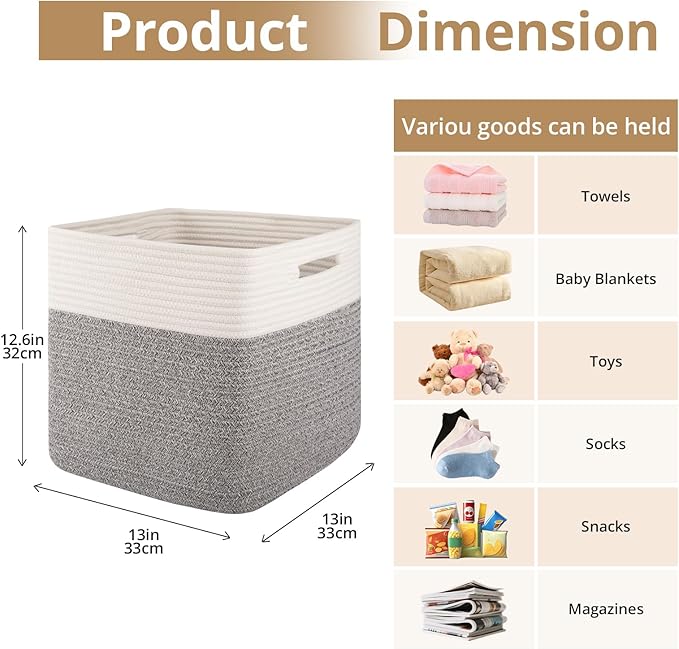 OIAHOMY 13 Kallax Inch Cube Storage Bins, 3-Pack Cotton Rope Woven Baskets for Organizing, Kallax Insert Storage Baskets for Shelves, Baby Nursery, Closet Organizer, 13*13*12.6IN, Grey & White