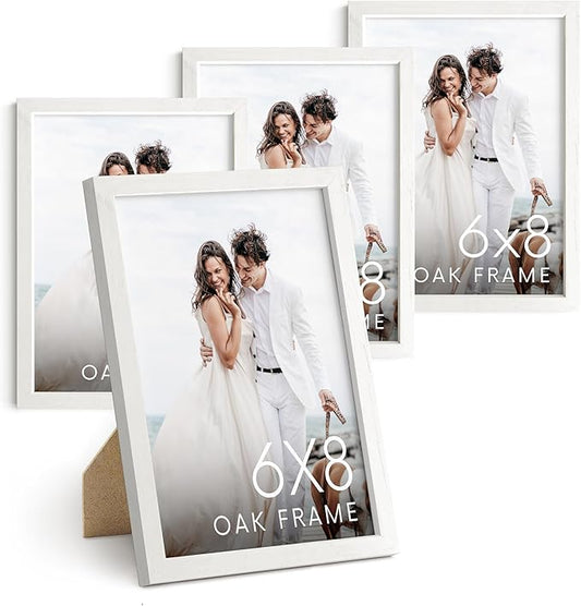 HAUS AND HUES 6x8 White Oak Wooden Picture Frame - Set of 4 6x8 Poster Frame - Premium Oak, Vertical Hang, Shatterproof Plexiglass - Ideal for Home, Room, Office (6x8-inch, White, Set of 4)