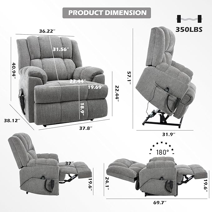 Dual Motor Power Lift Recliner Chair with Massage and Heat for Elderly People, Infinite Position, Light Grey Recliner Chair, Chenille Fabric Lift Chair