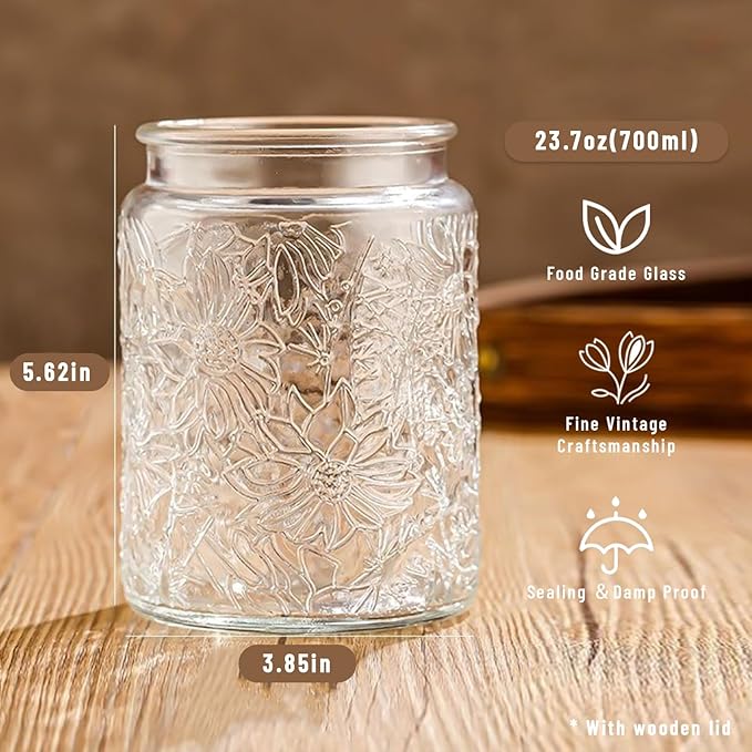 Vintage Glass Jars with Wooden Lids, 24 oz Airtight Glass Food Storage Containers Sets for the Kitchen, Sugar Coffee Tea Cookie Candy Spice Pasta