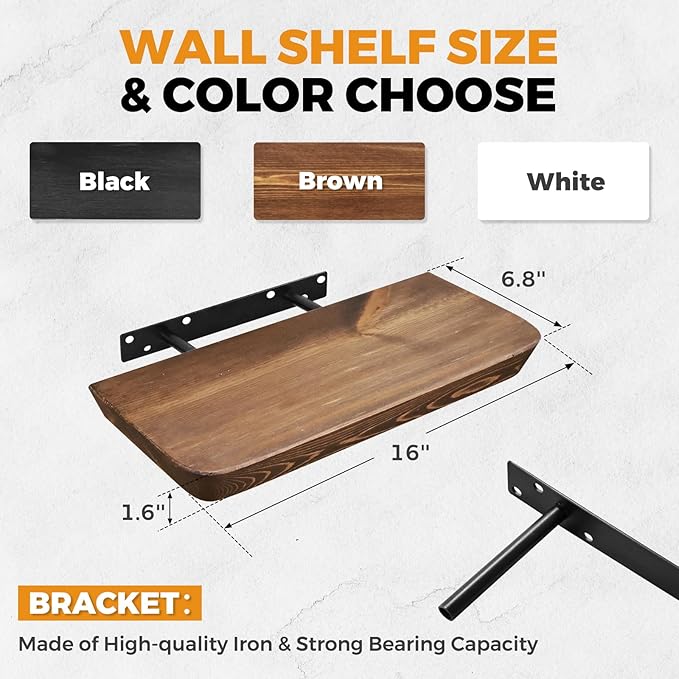 16"x6.8"x1.6" Slanted Floating Wall Shelves 2-Pack - Rustic Brown Finish, Heavy-Duty Solid Wood Design with Hidden Brackets - Perfect for Living Room, Kitchen, Bathroom, or Office